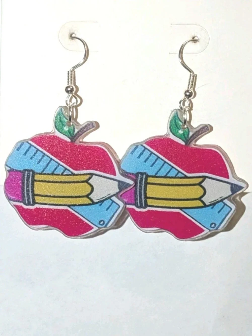 Hand Crafted Women/Kids Red Apple & Pencil Dangle Earrings